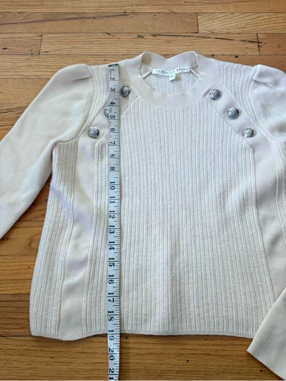 Veronica Beard Ribbed Sweater Cream Button Shoulder Puff Sleeve Size Small